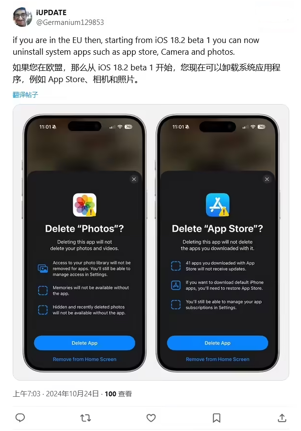 壤塘苹果手机维修分享iOS 18.2 支持删除 App Store 应用商店 