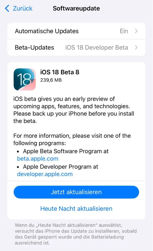 壤塘苹果手机维修分享苹果 iOS / iPadOS 18 开发者预览版 Beta 8 发布 